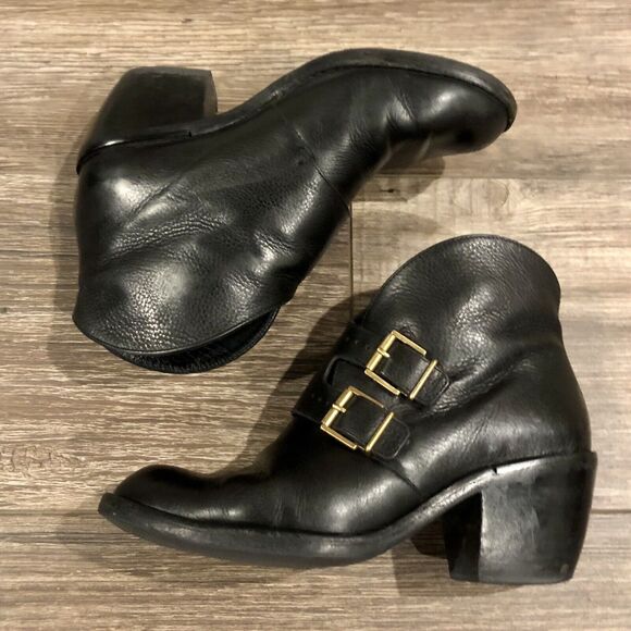 Robert Cleregie Leather Ankle Boot 5.5 Black Double Gold Brass Buckle Block Heel - Picture 2 of 13